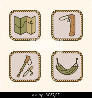 A collection of four square icons framed by a rope-style border illustrating a map, a folding knife, an ice axe, and a hammock for outdoor adventures. Stock Vector