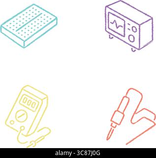 Set of four pastel gradient outlined icons including a sponge, power plug, screwdriver/hand tool, and an electronic device representing household main Stock Vector