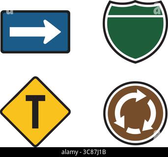 Four flat vector road direction signs including a right-pointing arrow, a green highway shield, a T-intersection warning, and a roundabout circular ar Stock Vector