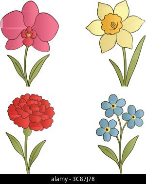 Four delicate flower illustrations featuring a pink orchid, a yellow daffodil, a red carnation, and a blue forget-me-not. Stock Vector