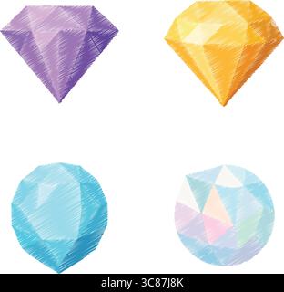 Illustration of several faceted gemstone shapes in soft pastel hues with subtle iridescent effects, arranged together. Stock Vector