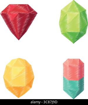 Colorful illustration of four faceted gemstones in red, green, yellow, and multicolored geometric cuts. Stock Vector