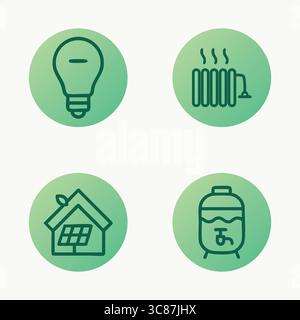 Collection of six green circular icons showing a lightbulb, radiator or heater, house, water heater, and other household energy-related symbols promot Stock Vector