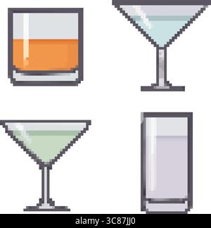 Bottom-middle right illustration showing four pixel art glasses: a lowball tumbler with amber liquor, two martini-style glasses (one clear, one light Stock Vector