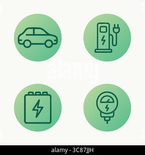 Set of eco-themed round icons illustrating electric vehicle, charging station, energy storage, and innovation concepts on a green gradient background. Stock Vector
