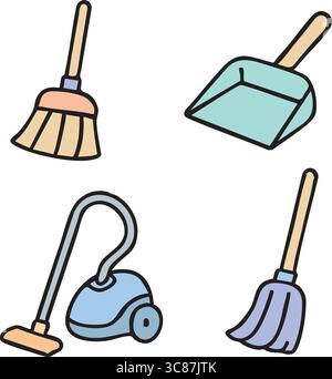 Set of household cleaning tool icons including a broom, dustpan, and upright vacuum, rendered in soft colors. Stock Vector