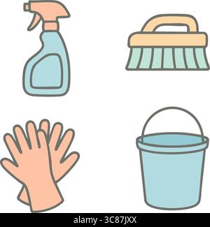 Illustration showing a spray bottle, scrub brush, pair of gloves, and bucket arranged to represent cleaning tasks. Stock Vector