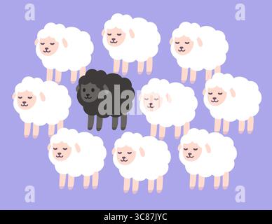 Black sheep between white sheep, cute cartoon drawing. Standing out from the crowd concept. Vector clipart illustration Stock Vector
