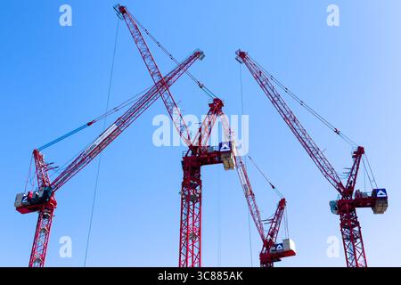 Berlin, Germany - May 6, 2025:  Four towering cranes work at a construction site against a cobalt blue sky on May 6, 2025 in Berlin, Germany. Stock Photo