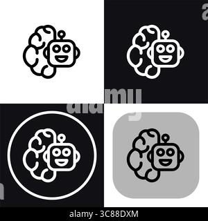 This icon represents artificial intelligence, featuring a friendly robot connected to a brain. Perfect for technology and AI related projects. Stock Vector