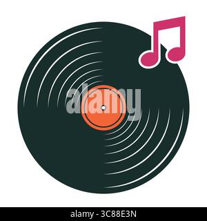 Vinyl Record with Musical Note. A vinyl record with concentric grooves and a orange label in the center. Stock Vector