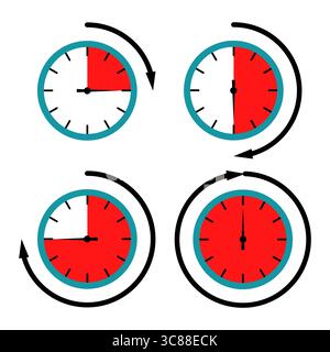 Clock Time Rotation Infographic. Vector Illustration of Hour Progression. Different time intervals with distinct red shaded segments. Stock Vector