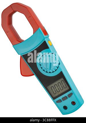 Digital circuit tester with white background display. Accurate device for measuring current, voltage, and resistance. Stock Photo