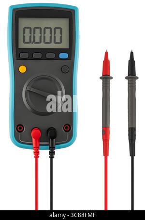 Digital multimeter, tester on a white background in isolation. Used to assess the serviceability of circuits and devices. Stock Photo