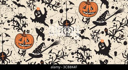 Halloween vector pattern with pumpkins, spiders, ghosts, bats. Seamless halloween spooky backdrop Stock Vector