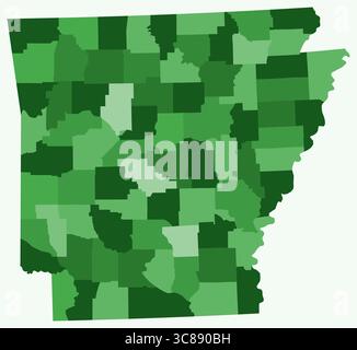 Map of Arkansas with counties. Just a simple state border map with county division. Green color palette. Stock Vector