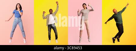 Four individuals express excitement and happiness in full-length jumps Stock Photo