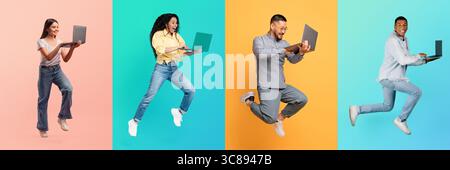 People jumping with laptops in a colorful collage celebrating diversity Stock Photo