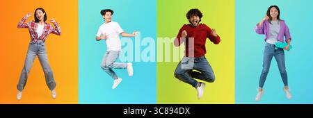 Four diverse individuals express excitement and energy against vivid backgrounds Stock Photo