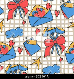 Birthday party crayon colorful seamless pattern. Festive doodle gift, clouds, stars and flowers endless background. Hand drawn presents kids continuou Stock Vector