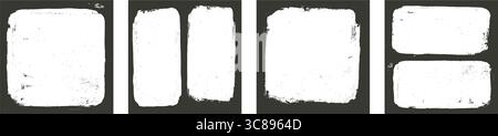 Grunge square photo frames set templates. Ink paint border with rough edges for cover. Retro textured overlays. Rectangular old black flyers on transp Stock Vector