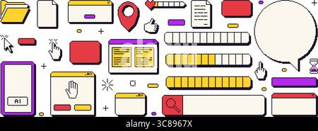 Pixel windows interfaces set . 8 bit frames and icons. 90s text boxes and speech bubbles elements. Loading and search bar, border with cursors. Vector Stock Vector