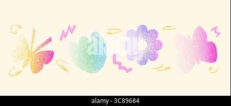 Grain colorful noise gradient butterflies and flowers shape set. Y2k floral forms. Gritty grunge butterfly, tulip and daisy icons on white background. Stock Vector