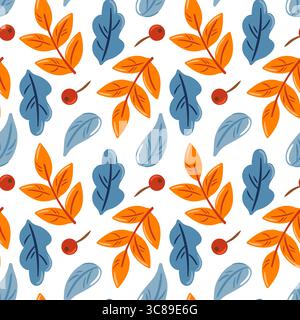 A vibrant, seamless pattern featuring autumn leaves in shades of orange, blue, and teal, interspersed with red berries, creating a cheerful, nature-in Stock Vector
