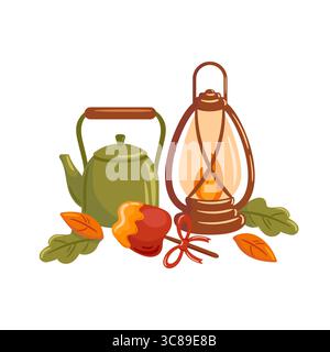 A delightful autumn-themed illustration showcases a charming green teapot next to a glowing lantern with vibrant autumn leaves in warm hues. This scen Stock Vector