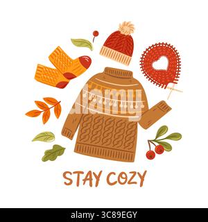 A cozy autumn-themed illustration featuring a knitted sweater, hat, scarf, and mittens in warm brown tones. Accompanied by autumn leaves, berries. Stock Vector