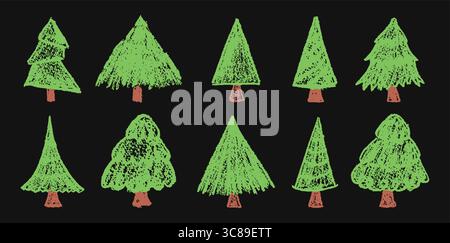 Set of Christmas tree doodles in pastel charcoal style. Hand-drawn by children on black blackboard using white wax and squiggle lines. Vector Xmas Stock Vector