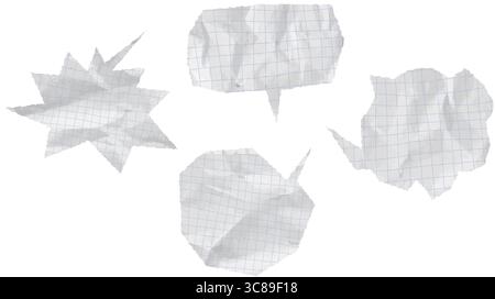 Wrinkled and crumpled torn paper speech balloons with square grid. Comic-style chat tags and note textures ideal for school cut-out graphics or Stock Vector