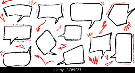 Cartoon black bubbles with rough crayon texture and graffiti style. Abstract charcoal panel set for message or word board. Isolated kindergarten speak Stock Vector