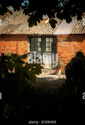 A brick building with a weathered door and window is framed by foliage. A terracotta pot with red flowers sits to the right of the door. Stock Photo