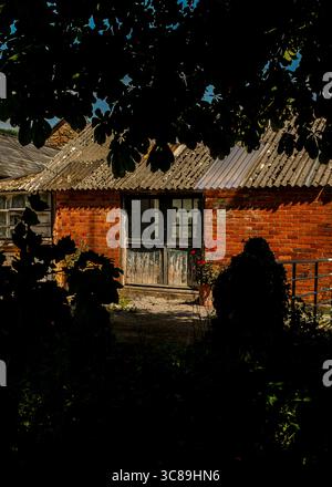 An old brick building with a weathered roof and a dark wooden door is framed by the silhouette of a tree. A pot of red flowers sits near the door. Stock Photo