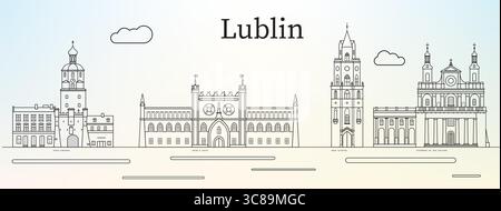 Lublin city skyline with main landmarks (Krakowska gate, Castle, Cathedral and Trynitarska tower)  - line art vector illustration Stock Vector