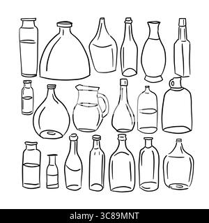 Set of bottles in one line. hand drawing. Not AI, Vector illustration Stock Vector