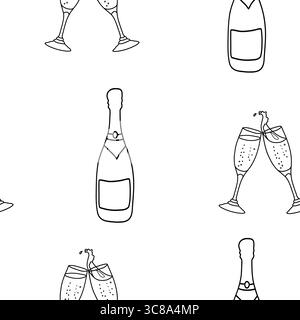 Champagne seamless pattern. Bottle and two clinking Glasses in doodle style. Vector black and white illustration isolated on a background. Stock Vector