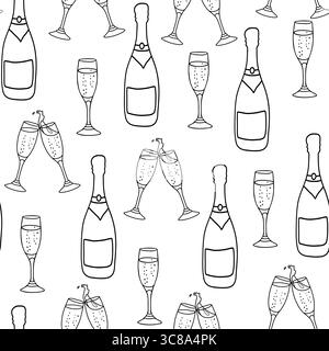 Champagne seamless pattern. Bottle and two clinking Glasses in doodle style. Vector black and white illustration isolated on a background. Stock Vector