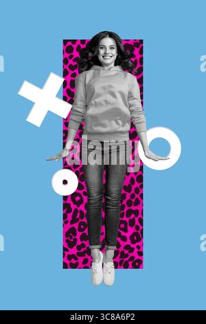 Trend banner collage of person jumping sit under flying figures on blue color background Stock Photo