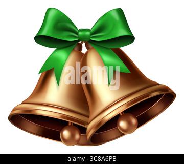 Two vibrant golden Christmas bells with a polished, glossy surface is decorated with a lush green bow tied at the top, adding a touch of elegance and Stock Vector
