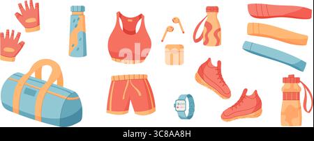 Cartoon Flat Gym Equipment Set Stock Vector