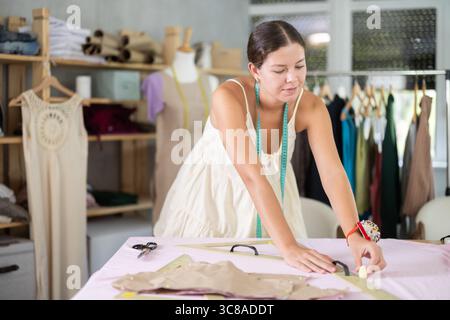 Using ruler, woman tailor draws dress diagram scheme on fabric Stock ...