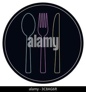 Neon outlines of a spoon, fork, and knife on a black circular background. Vector illustration Stock Vector