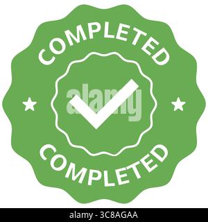 Green completed badge with white check mark and stars in circular design. Vector illustration Stock Vector