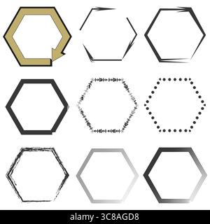 Gold hexagon arrow. Black angular border. Simple abstract frame. Stock Vector