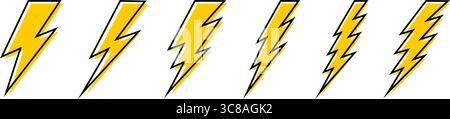 Set of yellow bolt icons. Thunderbolt signs isolated on white background. Lightning silhouettes. Flash light, electric power, energy, speed or battery charging symbols. Vector flat illustration. Stock Vector