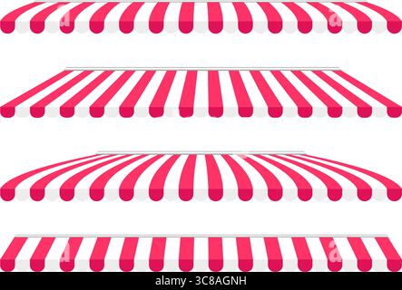 Set of shop awnings with red and white stripes. Striped store canopies. Market tents mockups isolated on white background. Cafe of food booth sunshades. Stall umbrellas. Vector flat illustration. Stock Vector