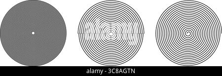 Concentric circles and spiral shape isolated on white background. Hypnotic print. Simple geometric forms. Soundwave, tornado, funnel or whirlpool signs. Vector graphic illustration. Stock Vector