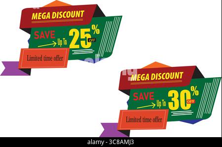 Mega discount promotional sale banner with vibrant ribbon and save twenty five percent typography vector design Stock Vector
